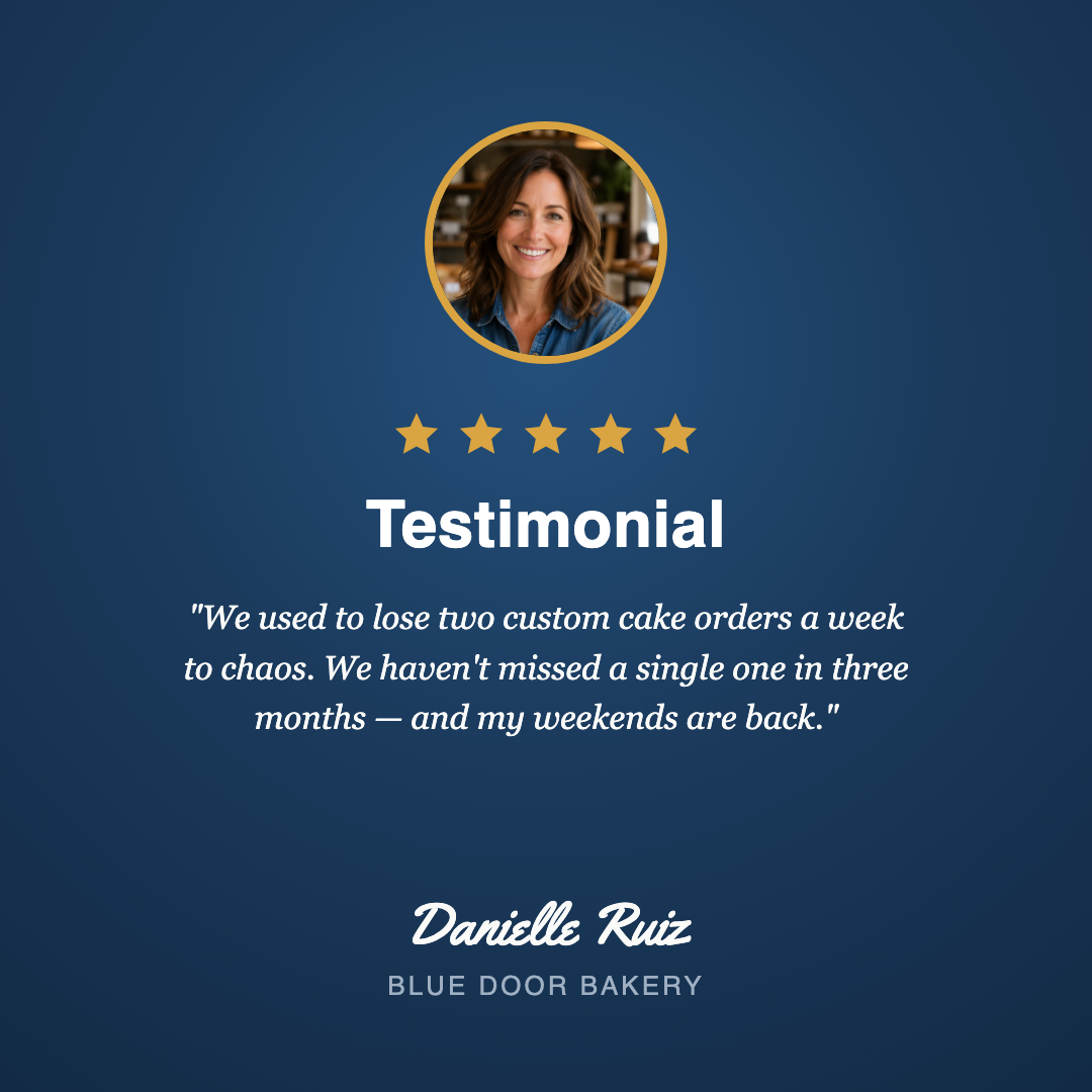 The branded testimonial card built from the example comment