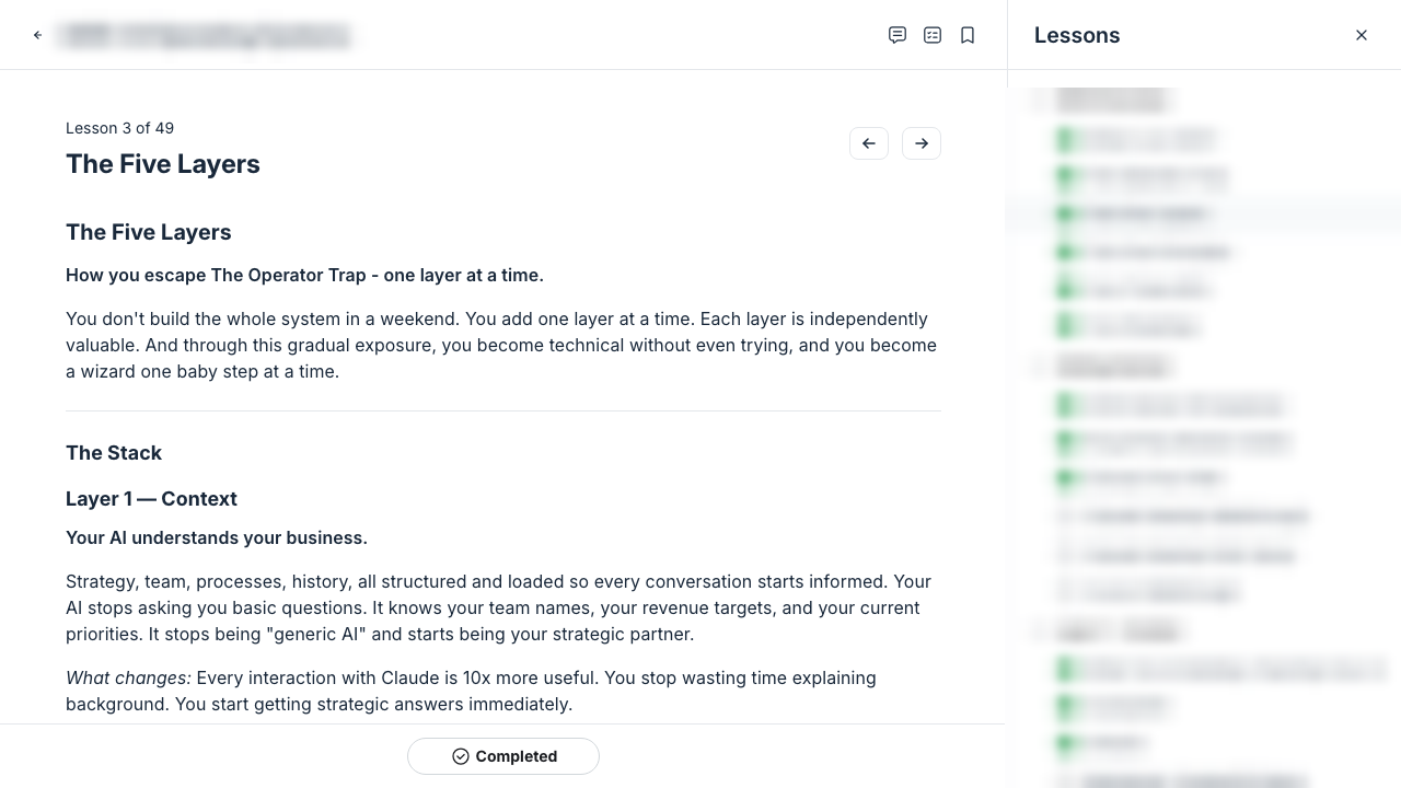 Real Circle classroom lesson page from a capture run with the community name and course outline blurred