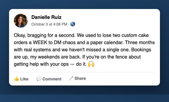 Example Facebook post from a fictional bakery owner